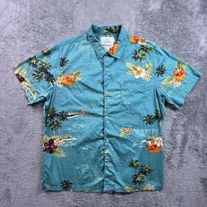 28 Palms Hawaiian Shirt Mens XL Teal Tropical Island Floral Cotton Button Up